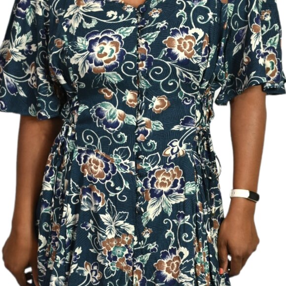 Vintage Floral Romper Green Rayon Playsuit Adjustable Corset Waist Plus Size 14 - Picture 4 of 16